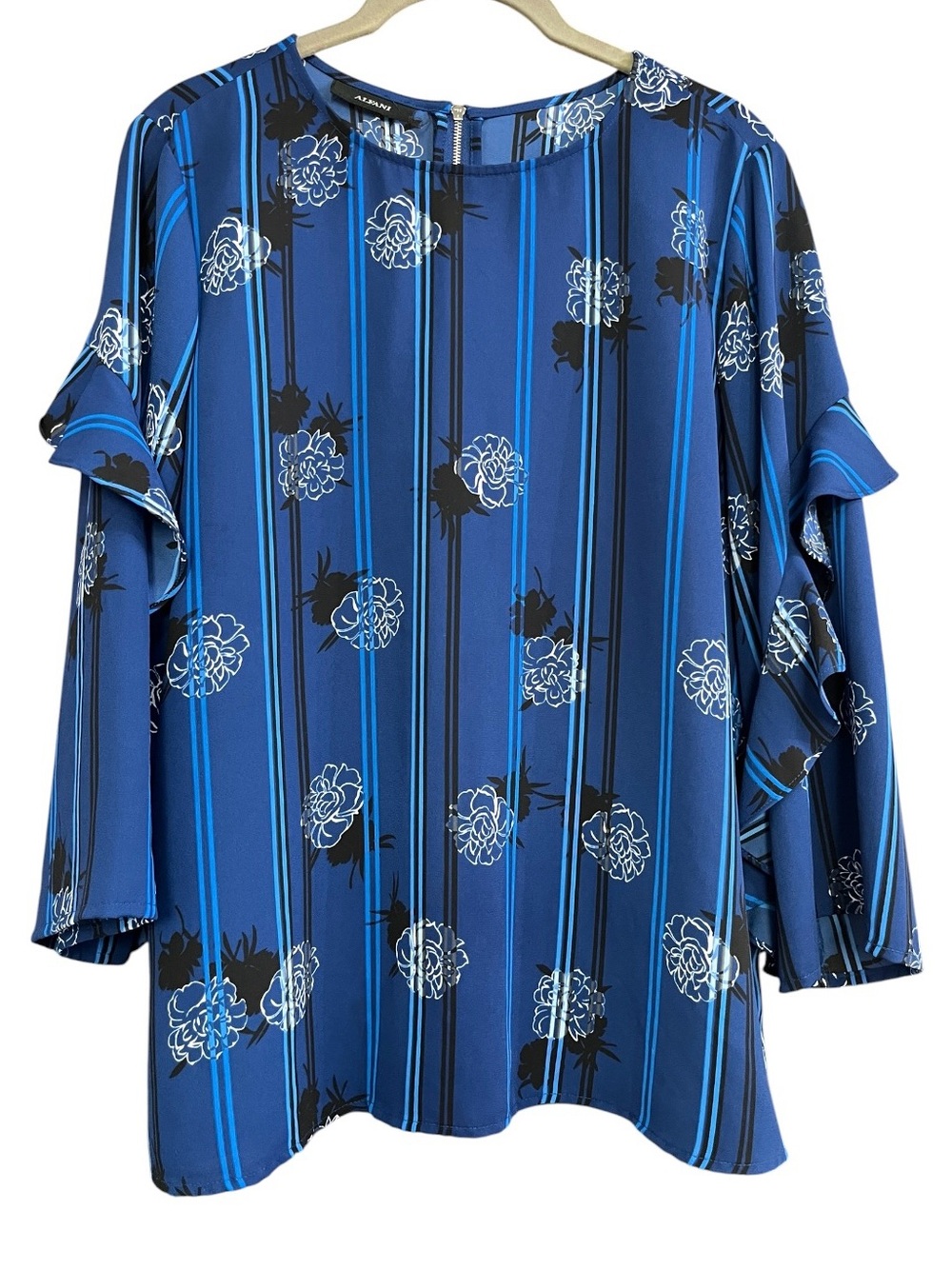 Alfani Long Sleeve Blue Floral Stripe Ruffle Sleeve Top w/ Back Zipper.  Size PL